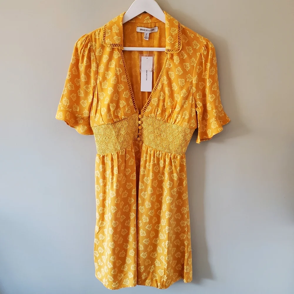 NWT Urban Outfitters S Mustard Yellow Floral Prarie Cottagecore Mini Dress - Picture 4 of 10